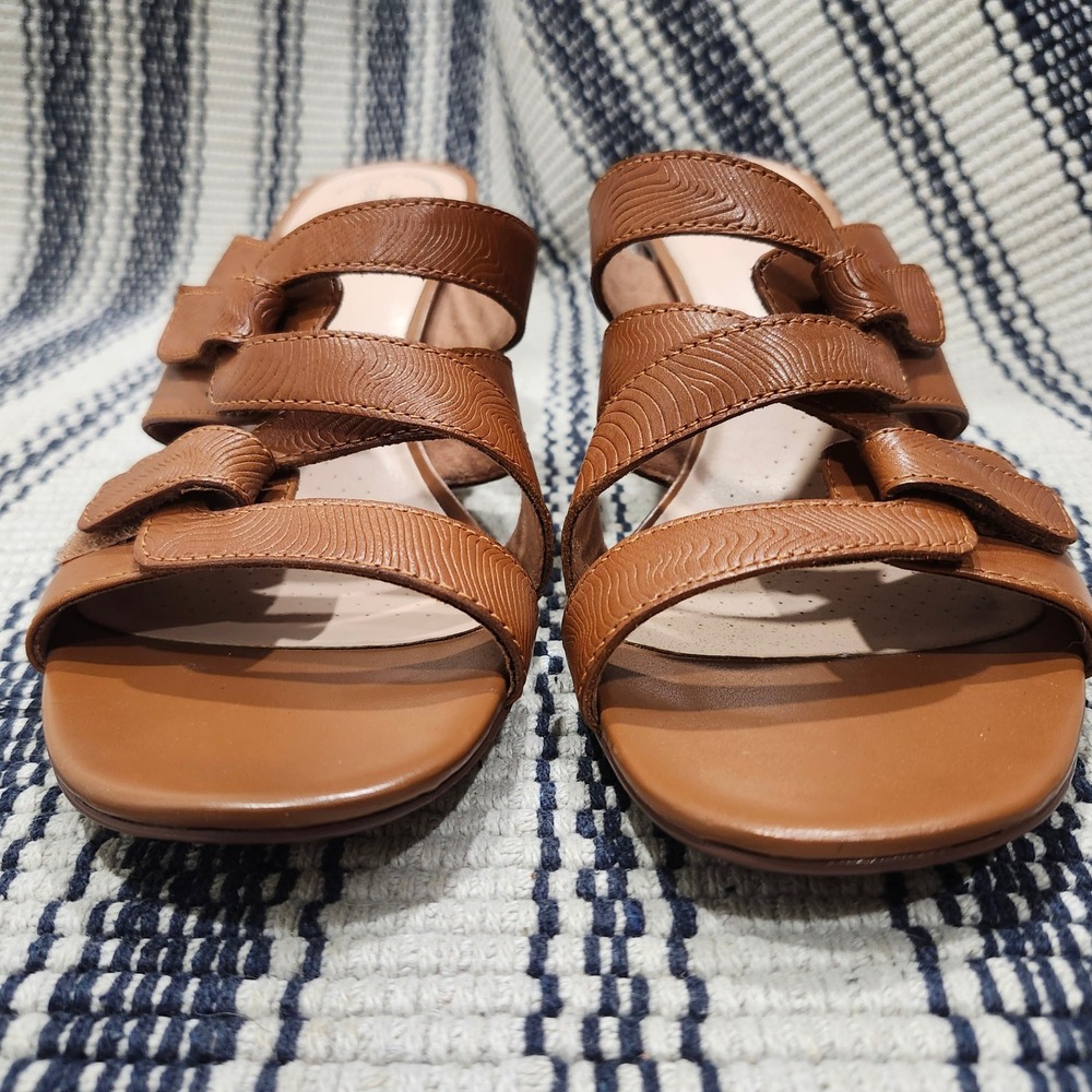 Clarks Collection Tan Leather Multi Strap Block Heel Slide Sandals Women 8.5 M - Picture 9 of 13